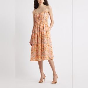 NWT-Chelsea28 Linen Blend Orange/Abstract Soft Petals Smocked Midi Dress - Sz L